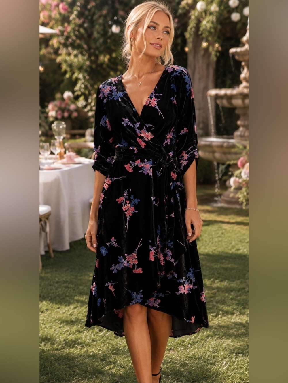 Eliza J Black Burnout Floral 3/4 Sleeve Wrap Midi Dress 6 M Whimsigoth Wedding